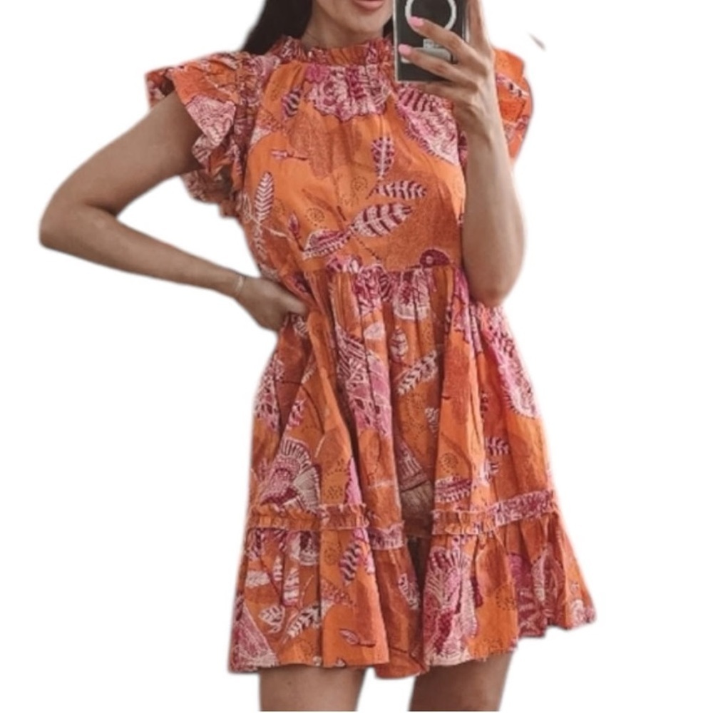 House of Harlow | Women’s orange/pink floral flutter sleeve ruffle hem dress, M